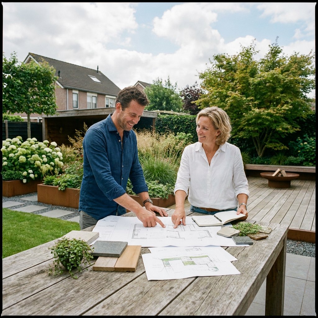 Tuinontwerper bespreekt tekeningen en budgetnotities met een huiseigenaar aan een houten tuintafel in een strak aangelegde Nederlandse stadstuin.