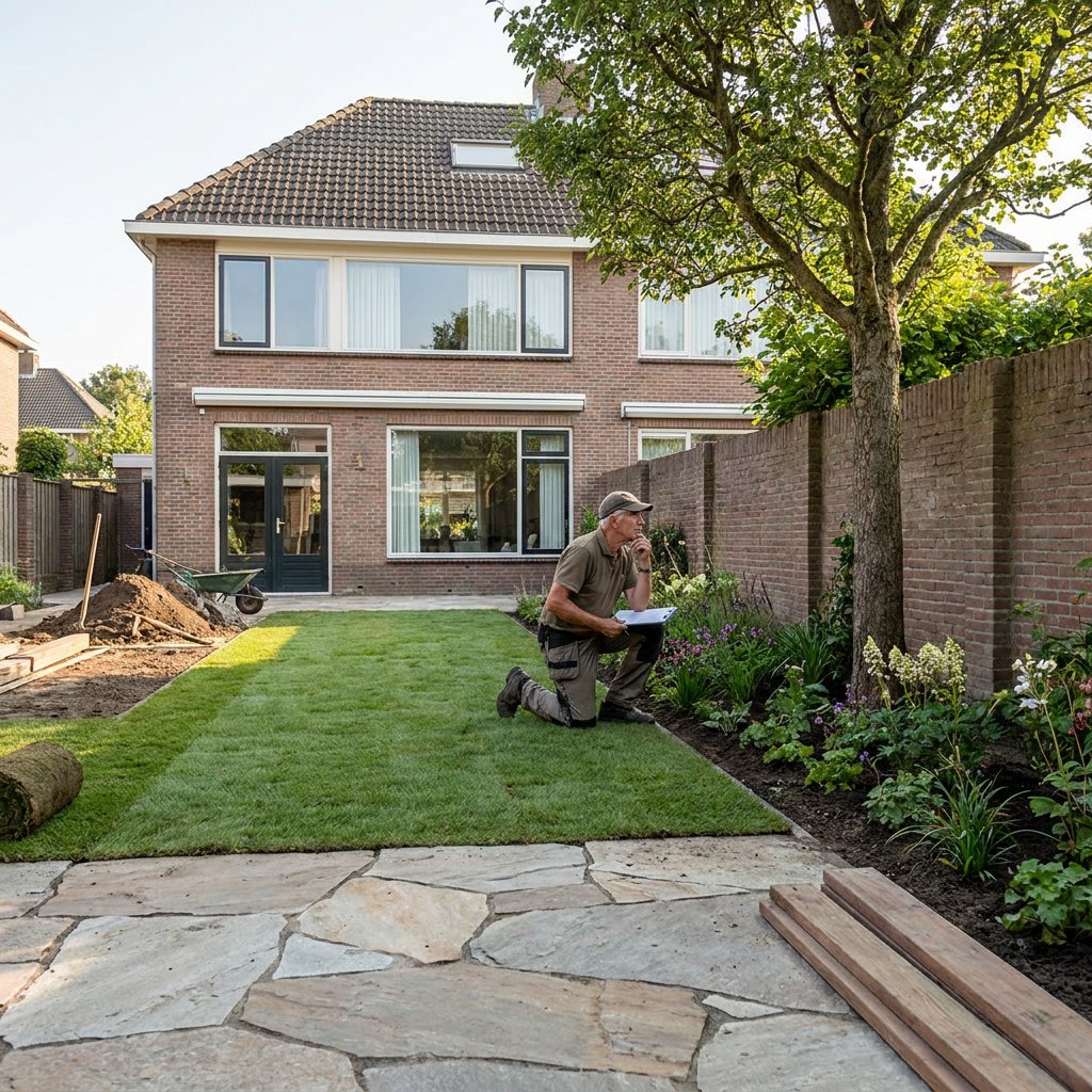 Strak vernieuwde tuin bij een vrijstaande woning met nieuwe beplanting, natuursteen terras en een hovenier die details controleert in zacht daglicht.