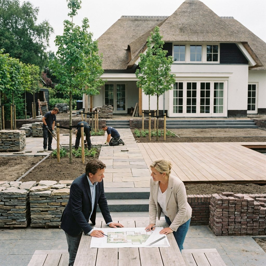 Hovenier en opdrachtgever bekijken een luxe tuin in aanleg bij een villa, met bestrating, beplanting en materialen zichtbaar in zacht daglicht.