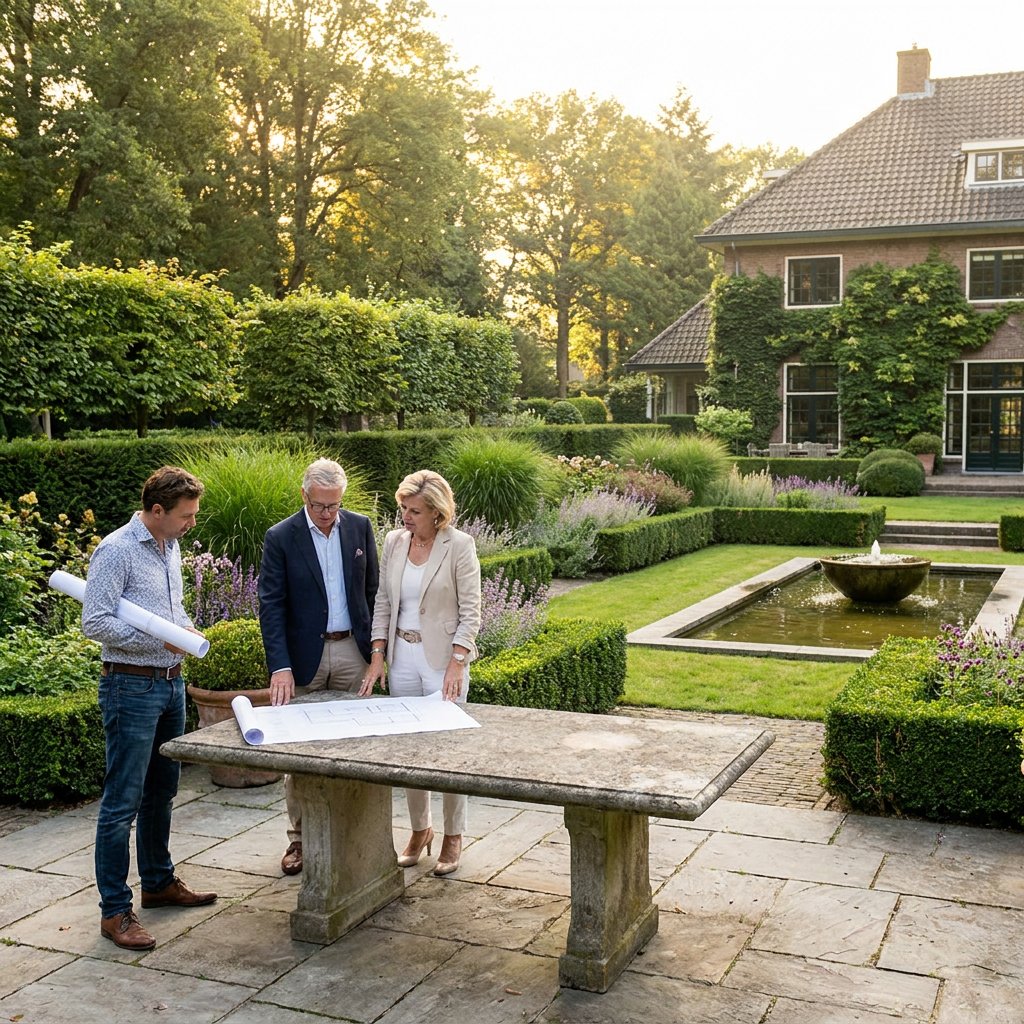 Strakke villatuin in Apeldoorn met ontwerptekening in de voorgrond, luxe beplanting, natuursteen terras en zachte avondzon.