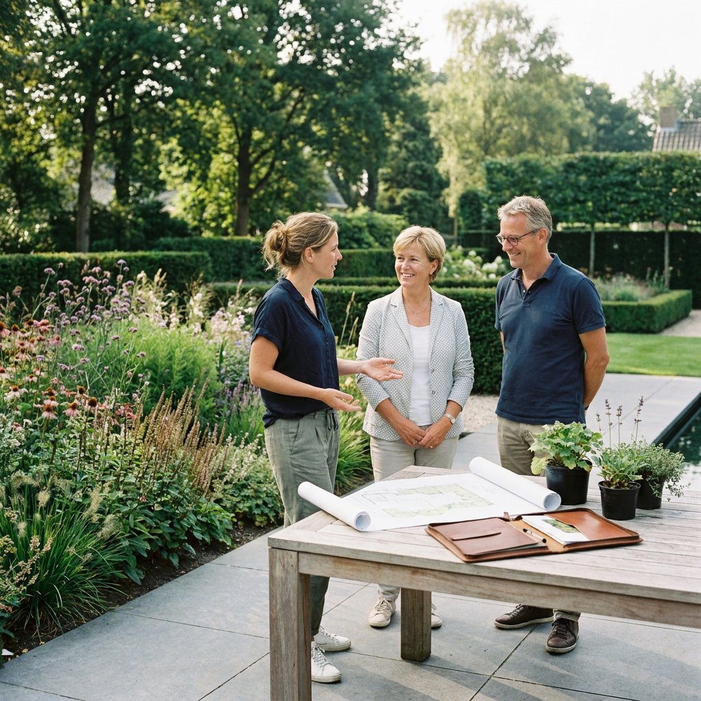Tuinontwerper bespreekt een beplantingsplan met huiseigenaren in een stijlvolle Nederlandse villatuin met borders, siergrassen en strak terras.