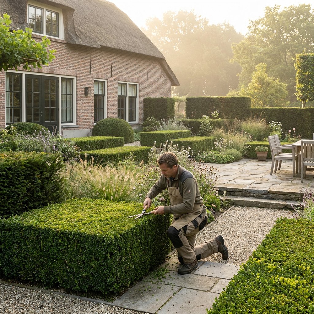 Hovenier verzorgt strak tuinonderhoud in een exclusieve Nederlandse tuin met gesnoeide hagen, vaste planten en natuurstenen terras in zacht ochtendlicht.