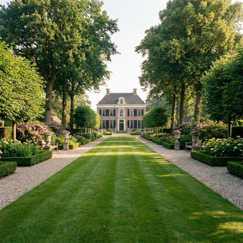 Symmetrische landgoedtuin bij een klassiek landhuis met lange zichtlijn, strak gazon, volwassen bomen en verfijnde borders in zacht ochtendlicht.