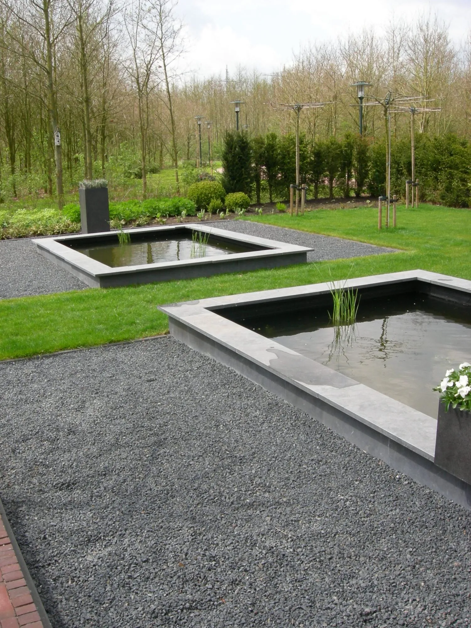 Moderne tuin met strakke lijnen en waterpartijen