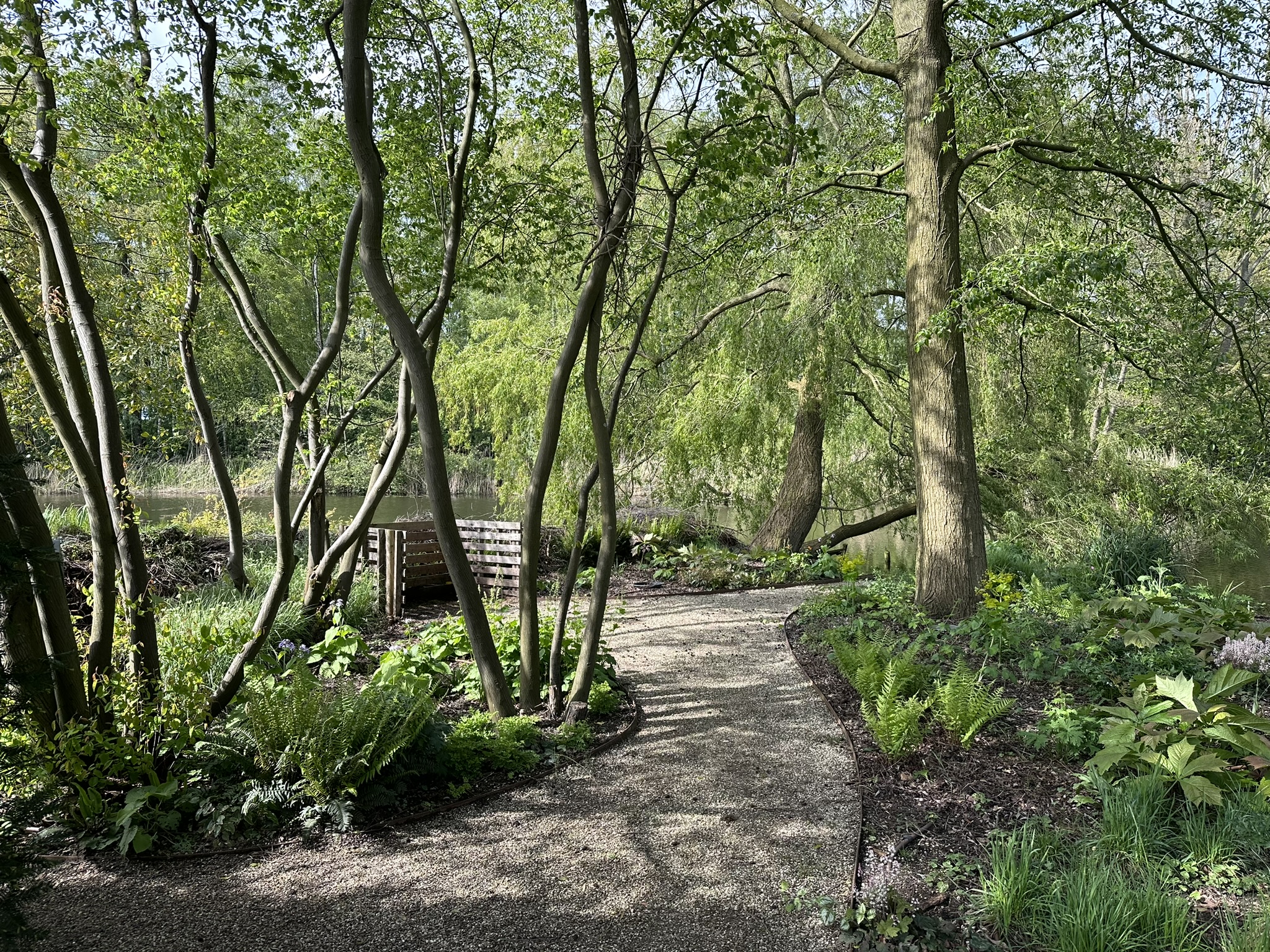 Natuurlijke tuin met bloemenborders, bomen en zichtlijnen